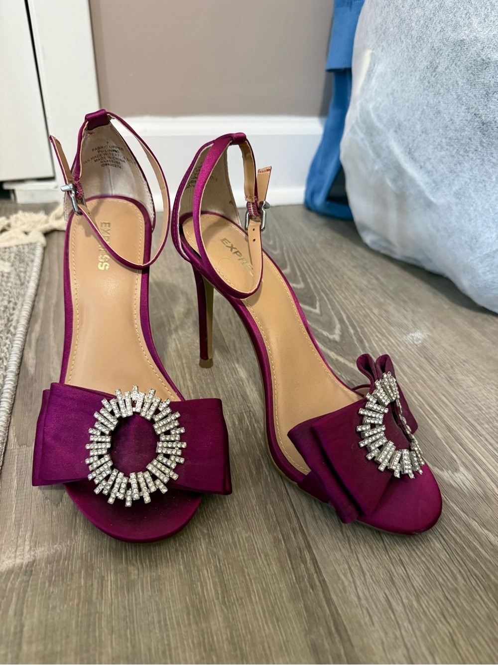 Express Fuchsia Satin Ankle-Strap Heels with Crystal Medallion